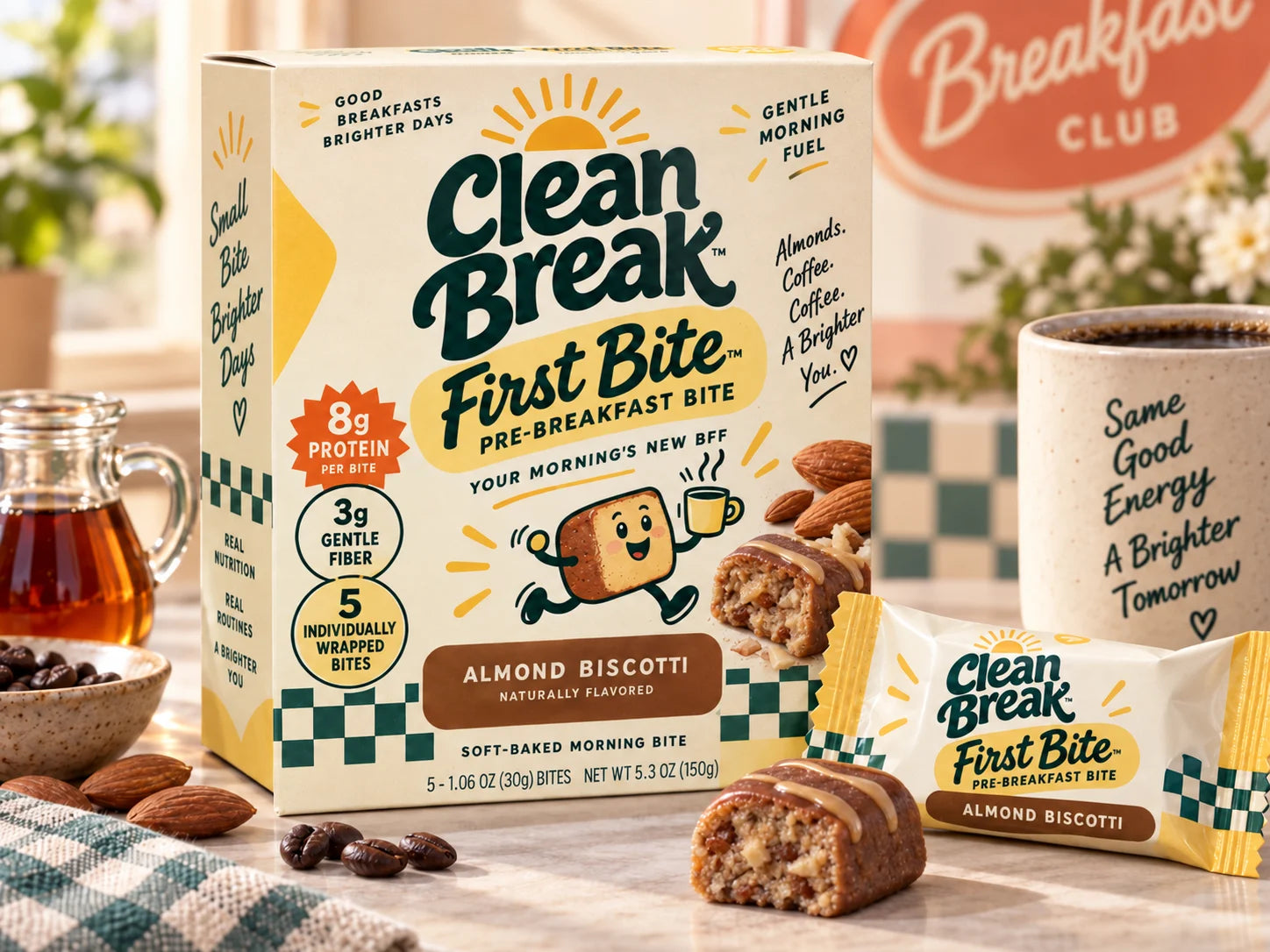 First Bite Almond Biscotti box and bites beside a morning coffee