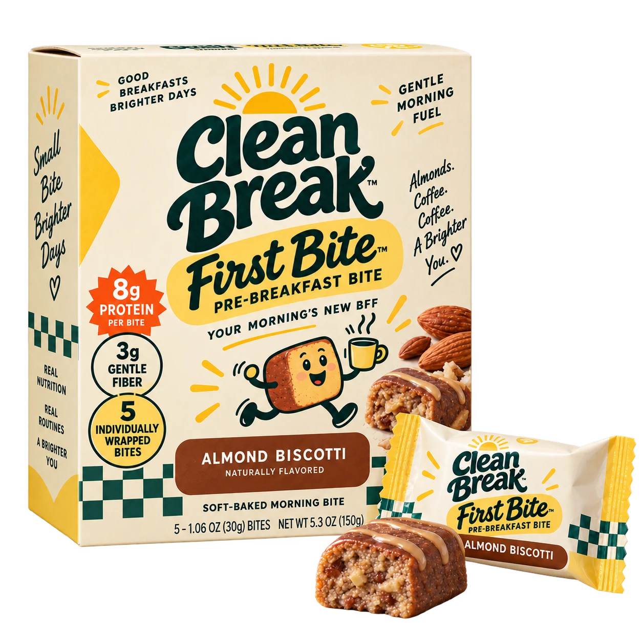 Clean Break First Bite Almond Biscotti box, wrapped bite and soft-baked bite
